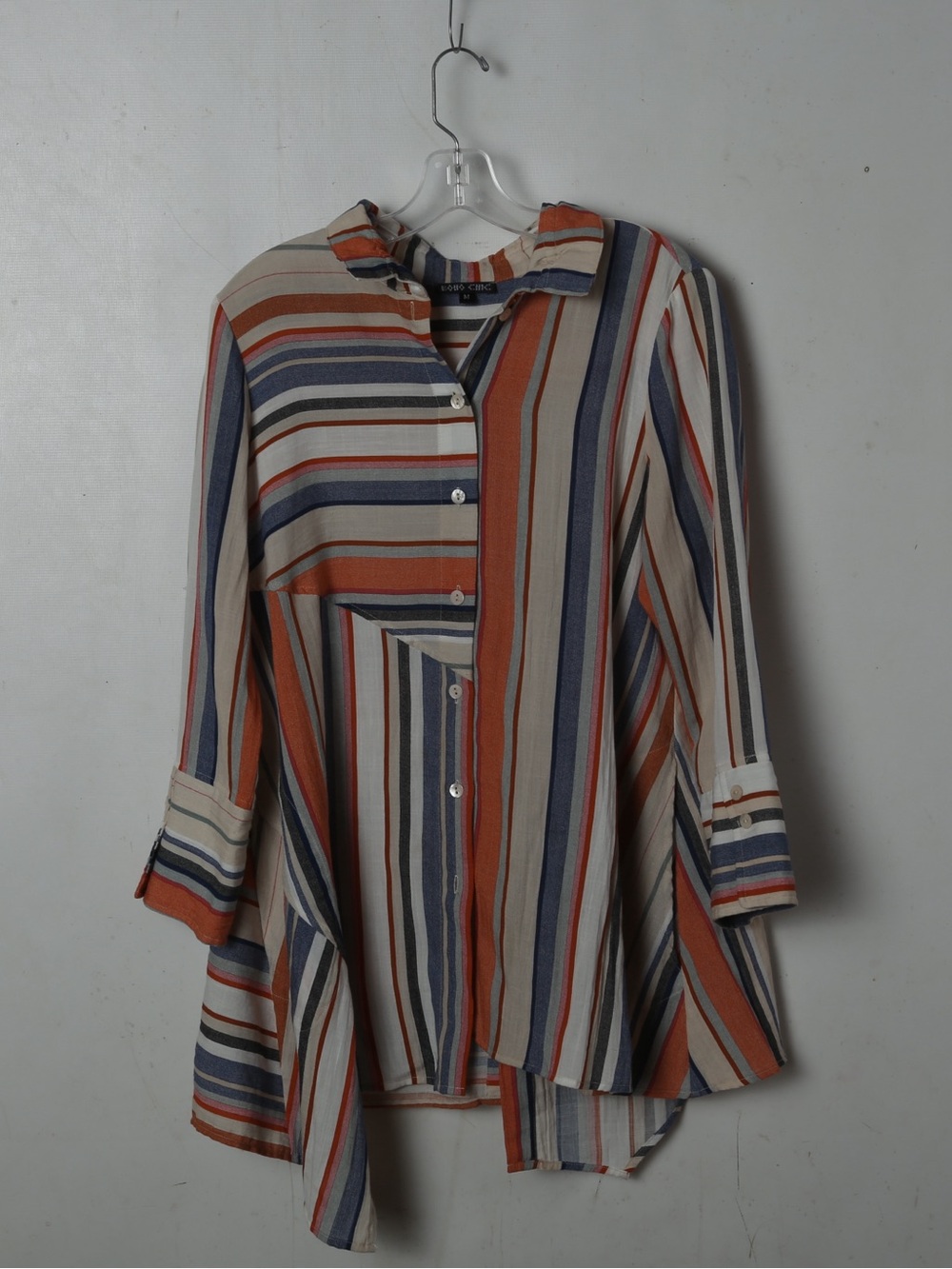 Women’s Striped Button-Down Tunic Shirt in Cream, Rust & Blue